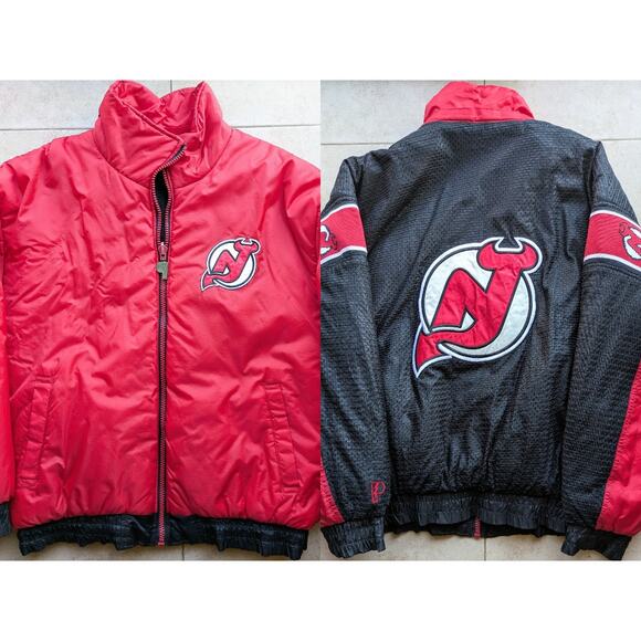 New Jersey Devils 90s PRO PLAYER puffer Reversible jacket L black red NHL vtg - Picture 1 of 8